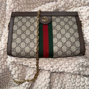 Authentic Gucci Beige GG Monogram Crossbody with Green and Red Web Stripe
